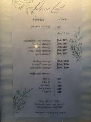 Price List of massage at Wanta Thai Massage since 01/01/2024