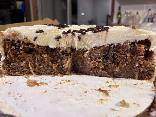 Carrot cake Now baked In single pan. Almost ALL frosting on top. inch of heavy frosting compressed all loft.