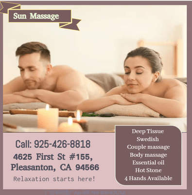 A couple's massage is just like any other massage service, 
but you and your partner receive the massage at the same time, 
o...