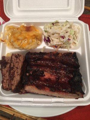 Ribs, Brisket, Cole Slaw, Mac & Cheese combination dinner $19.00.