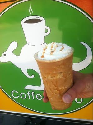 Coffee Roo drink with a strong shot of espresso and a touch of white chocolate and caramel to energize you on a hot day!