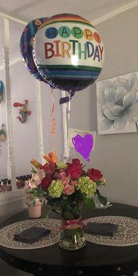 Birthday bouquet & balloons.