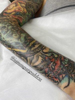 Sugaring is great for Tattoos and bring them vibrant again!   After Arms