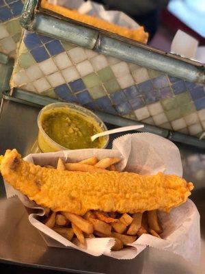 Large haddock with chips and mushy peas