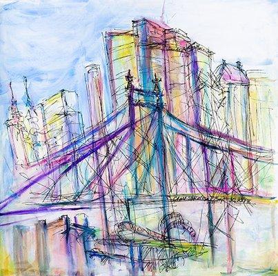 Watercolor painting of Queensboro Bridge. Colorful and great for home or office decor.  Watercolor 29" x 32" Framed  35.5 " x 40