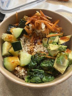 Korean rice Bowl with sautéed spinach and Gochujang Dressing