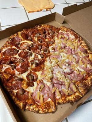 Extra Large 2 Topping Pizza Half Pepperoni & Sausage / Half Pineapple & Canadian Bacon