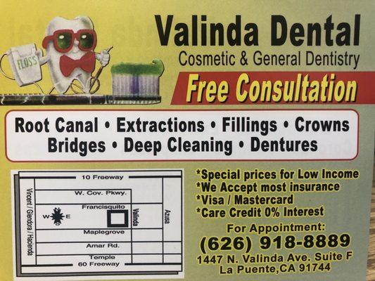 Valinda Dental flyer in English