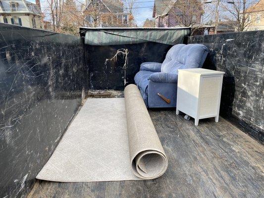 Love seat, rug and end table removed from the 2nd floor for a customer in Clinton, MA.