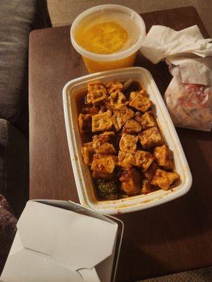 General tso's tofu,I egg drop soup, and white rice.