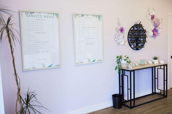 A menu of services is found right inside the entrance as well as our display of essential oils