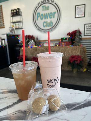 White chocolate Peppermint with post recovery, chai tea with cranberry aloe and protein balls