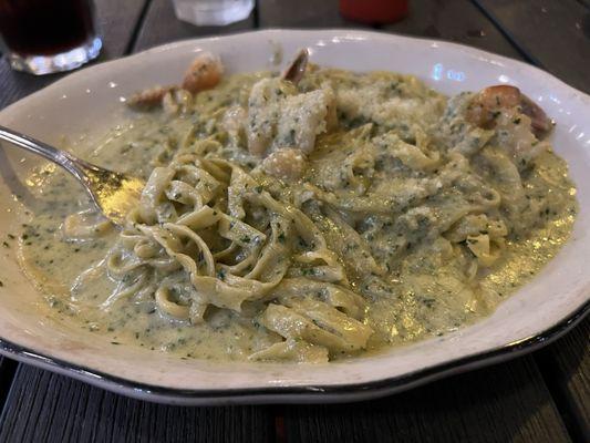 Fettuccine Genovese with shrimp and scallops.