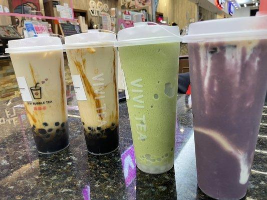 Brown sugar Milk tea, Japanese Matcha Slush, Taro Creme brulee with milk tea