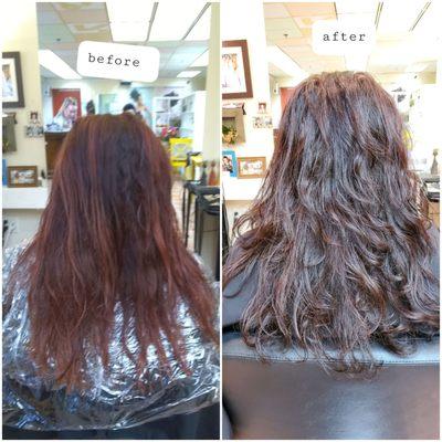 Camical damaged hair to healthy, shiny hair w different color and set perm for styling