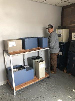 Custom fabricated safe display shelving -- built by our tech, Julian