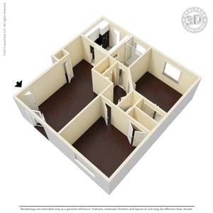 Two Bedroom One Bath (Adina) 3D