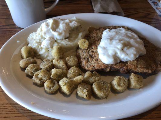 Country Fried Steak with mashed potatoes and Fried Okra