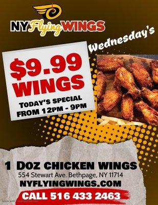 Wednesday is WINGSDAY At NyFlyingWings $9.99 Doz Traditional Wing  516-433-2463 www.nyflyingwings.com