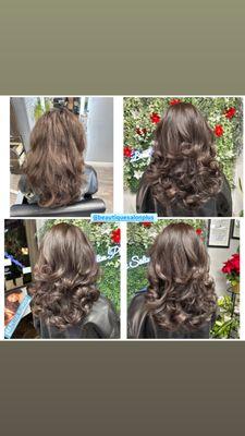 Before and After toner darker chocolate brown, layer haircuts and blow dry style.