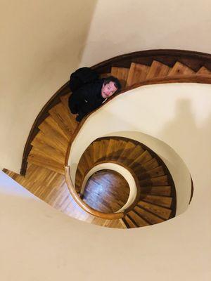 The spiral staircase leading to New Vibe Yoga.