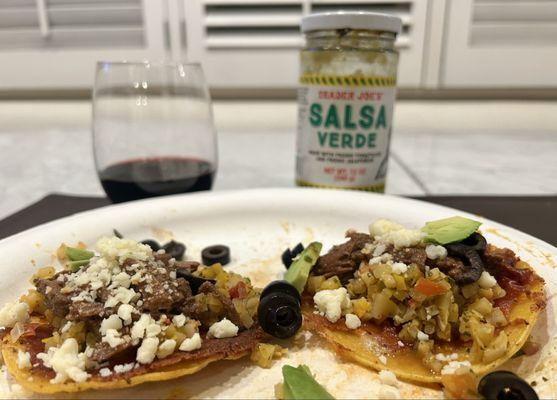 Birria Beef from TJ's with TJ Mexican Cauli rice on crispy cheese street tacos w salsa and cotija. All from TJ- love this!