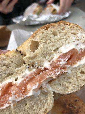 Everything bagel with cream cheese and lox - $6.50