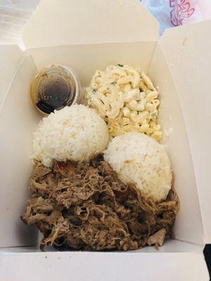 Kalua pig, rice, macaroni salad