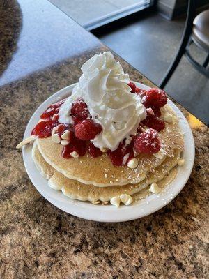 Macadamia nut, raspberry, white chocolate pancakes