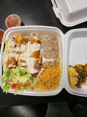 Chicken enchiladas plate and half a birria taco