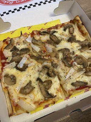 Small cheese pizza with mushroom and onions