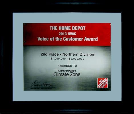 Recognized by Home Depot as providing superior customer service.