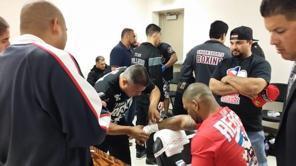 Backstage before our fight, we got to meet some pretty cool people. Robert Garcia taping up heavyweight Mike Perez