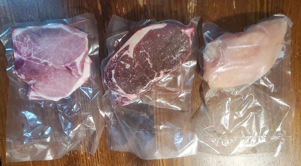 Frozen meats - pork chops, ribeye, chicken breast