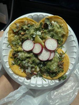 Carne asada tacos with green/mild salsa