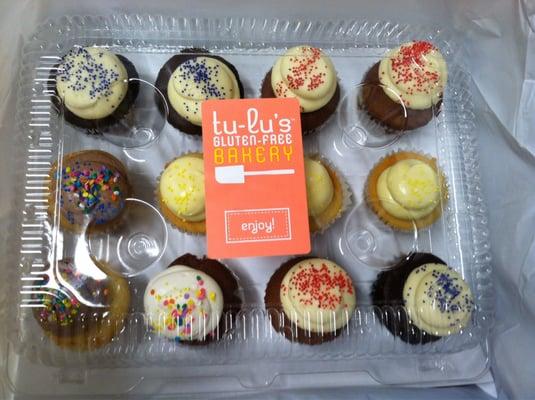 $36 for a Box of 12. Mixed: chocolate, red velvet, lemon. Included vegan ones (rainbow sprinkles) vanilla & red velvet