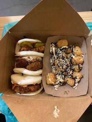 from top the bottom: fried chicken bao, fried turnip cake and fried green tomato bao! side of Togarashi Tater Tots