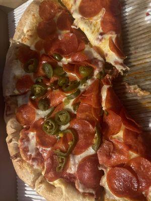 Extra pepperoni, half jalapeño with crispy crust. It doesn't come out as crispy but it's a must for my family ( we don't like soggy pizza)