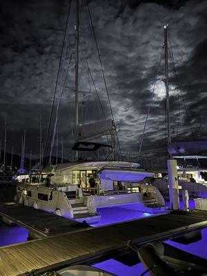 A full moon over our docked yacht.