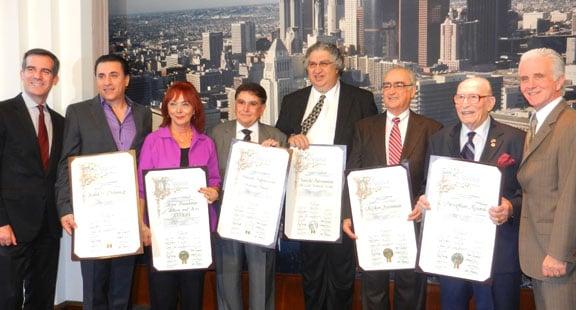 Los Angeles Mayor Eric Garcetti (1st) and Lark Musical Society President Vatsche Barsoumian (5th) honor Armenian Heritage Month.