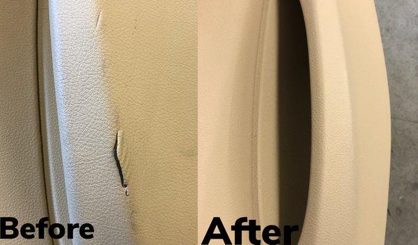 Damaged vinyl / leather panel repair.  Door, center console, dash or other areas.