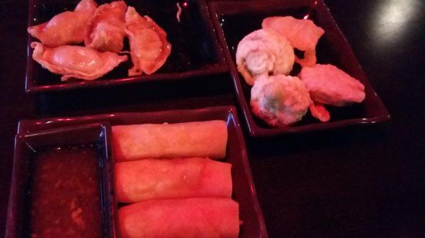 tempura mushrooms, spring rolls, dumplings