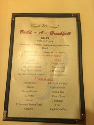 Menu and breakfast specials