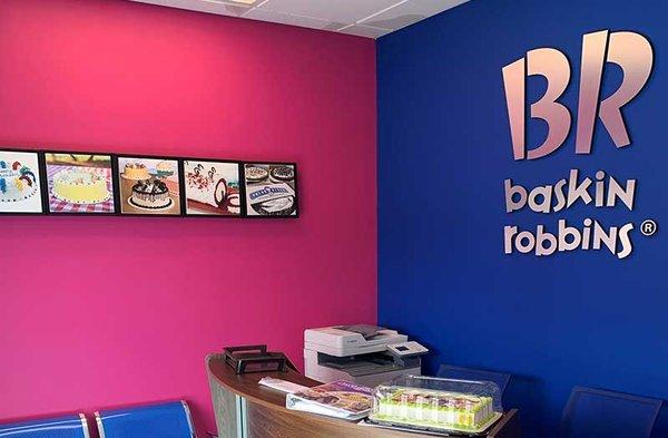 Big name Baskin Robbins chose us for their brushed aluminum lobby sign. It looks spectacular against their colorful walls.