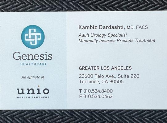 Dr. Dardashti's business card.