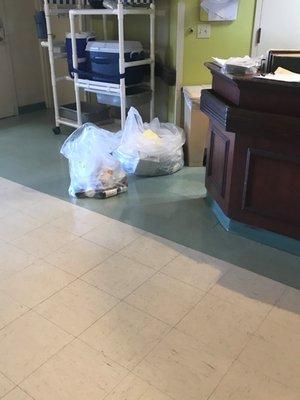 Medicine improperly disposed and left unattended by patient common areas.