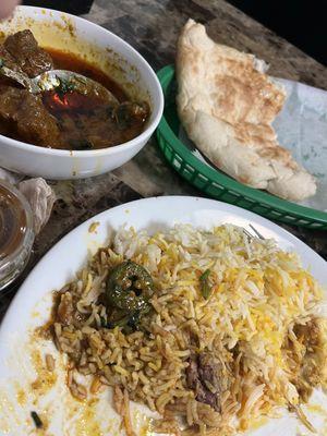 Nihari, rice, naan.