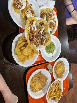 Fish tacos, beans, Guacamole