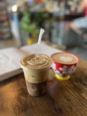 Greek Frappe, latte (in background)