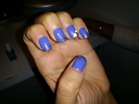 Essie Purple nail polish with silver glitter opi polish,  hand drawn bow accent with rhinestone